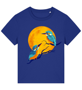 Blue t-shirt with two kingfishers on branches in front of the moon